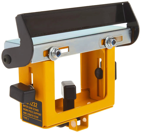 Close-up of Built Tough Miter Saw Workpiece Stop and Adjustable Rail Support, featuring quick release design for stability.