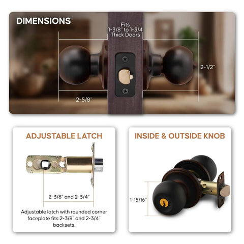 Keyed Entry Door Knob With Lock And Key ANSI Grade 3 Privacy Handle dimensions and parts detail for installation.