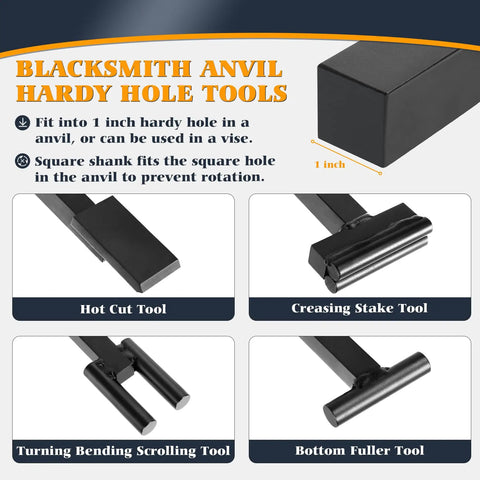 1 Inch Blacksmith Anvil Hardy Hole Tools Set with hot cut, creasing, scrolling, and bottom fuller displayed with descriptions