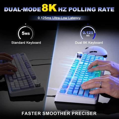Comparison of Dual 8K Wireless Mechanical Keyboard With Blue Lychee Switches showcasing ultra-low latency at 8000Hz polling.