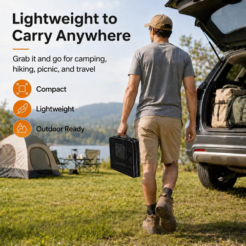 Man carrying folded grill table with mesh desktop for camping and outdoor use, standing by car with camping gear