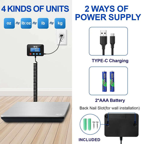 Digital Shipping Scale With 660 Lb Capacity For Heavy Packages showing 13.5x11 inch platform and power options.