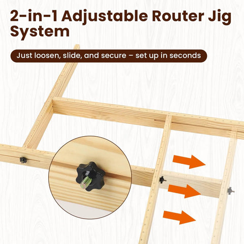 Front view of Pro Grade Adjustable Juice Groove Router Jig with Precision Scale and Solid Wood Template Frame for Cutting Boards