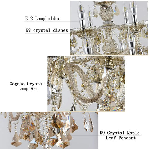 Detailed view of Modern K9 Crystal Chandelier In Cognac Finish, showing E12 lampholder, chandelier dishes, and glass crystal accents.