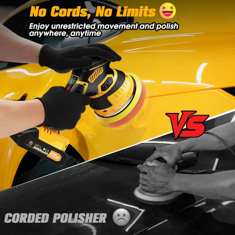 Person using Cordless Car Buffer Polisher Kit With 2x 2000mAh 21V Batteries on yellow car, highlighting cordless convenience.