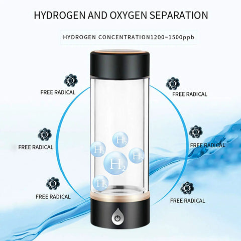 Your Portable Hydrogen Water Bottle Generator Is A Top Shelf Tool For Crafting 1500 PPB Antioxidant Drinks In Three Minutes Via Quick Usb Power So You Stay Hydrated Zero Sweat In A Comfortable 420ML Coffee Tinted Travel Cup with a glass body and hydrogen separation.