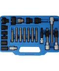 22-Piece Alternator Pulley Tool Kit With Torx, Triple-Square And Hex Bits For Press-On Belt-Drive Pulleys in blue case.
