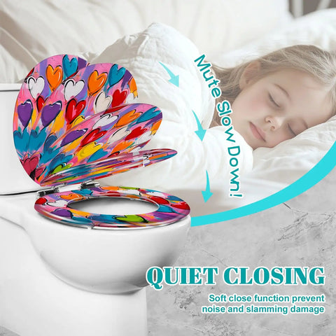Generic Round Resin Toilet Seat for Bathroom featuring colorful heart design, 16.5 inches length for soft closing functionality.