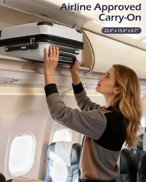 Person placing Durable Lightweight Carry On Luggage With PC Plus ABS Hard Shell, Dual Spinner Wheels into overhead bin on airplane