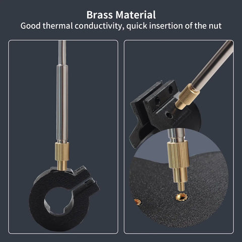 Close-up of Pro Grade Upgraded Soldering Iron Adapter Kit for 3D Printers with brass heat set threaded insert tip in use.