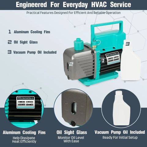 Heavy Duty 4.5 Cfm Single Stage Vacuum Pump For Hvac And Automotive Ac Repair with cooling fins and included vacuum pump oil.