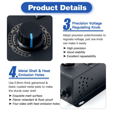 AC Motor Speed Controller 110-120V 10A Rated 15A Max With LED Display Black Matte Metal Shell showing voltage knob and heat emission holes.