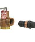Watts 374A-030-FS iron boiler pressure relief valve with 3/4 in female NPTF ends; two-piece set with black adapter