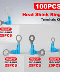 Marine Heat Shrink Ring Terminal Kit For 16-14 AWG Wires, 100 Blue Ring Connectors shown with sizes 1/4, 5/16, 3/8 inch studs