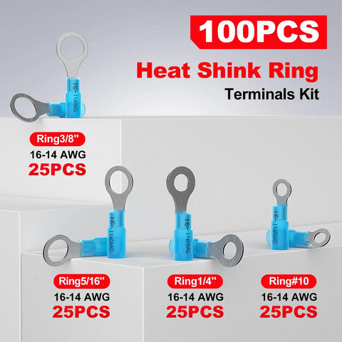 Marine Heat Shrink Ring Terminal Kit For 16-14 AWG Wires, 100 Blue Ring Connectors shown with sizes 1/4, 5/16, 3/8 inch studs