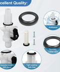 Upgraded RV Toilet Water Valve Kit For Aqua Magic IV Toilets Compatibility With High And Low Models Includes Flange Seal Easy Install Replacement Part For Camper RV Leakproof ABS plastic valve and rubber seal displayed with details.