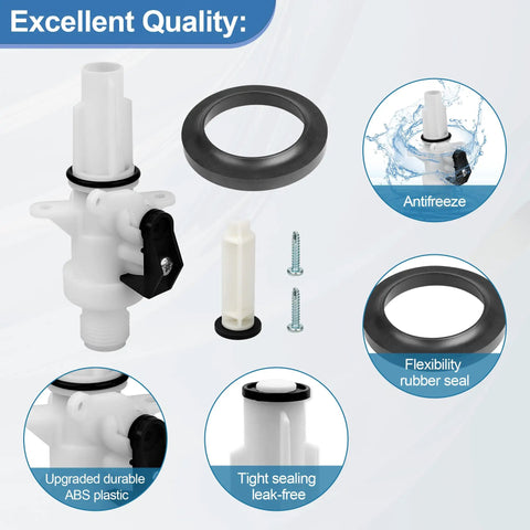 Upgraded RV Toilet Water Valve Kit For Aqua Magic IV Toilets Compatibility With High And Low Models Includes Flange Seal Easy Install Replacement Part For Camper RV Leakproof ABS plastic valve and rubber seal displayed with details.