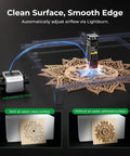 Falcon 10W Laser Engraver with Air Assist demonstrating engraving on wooden surface with rotary roller detail