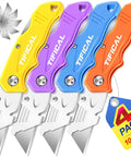 Pocket Ready Box Cutter With Clip, Quick Change Folding Utility Knife Set, 4 colorful handles, includes extra 10 SK5 blades