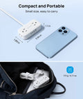 Compact Flat Plug Power Strip With 8 In 1 USB Ports And Wall Mount 4 AC Outlets next to smartphone and inside a backpack.