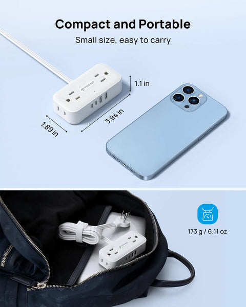 Compact Flat Plug Power Strip With 8 In 1 USB Ports And Wall Mount 4 AC Outlets next to smartphone and inside a backpack.
