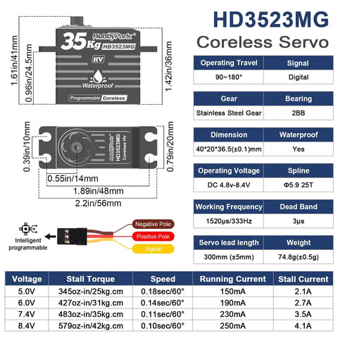 Technical specifications for Waterproof 35kg-Cm RC Servo With Metal Gear Digital Coreless Motor Aluminum Case Beefy Torque