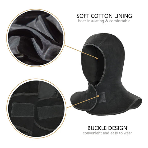 Flame Retardant Welding Hood With Neck Drape Leather Cap For Head, Eye And Neck Protection, Pro Grade, Soft Lining, Buckle Design