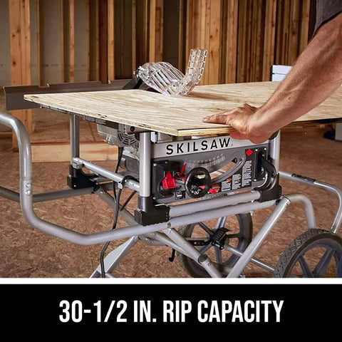 Tough Workhorse 10 Inch Worm Drive Table Saw With Rolling Stand And Precision Fence for 30-1/2 in. rip capacity and easy handling.