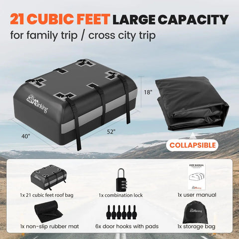 Rooftop Cargo Bag for Cars Waterproof 21 Cubic Feet Heavy Duty Luggage Carrier Fits All Vehicles with accessories and dimensions