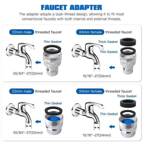 Two Pack Dishwasher Faucet Adapter Connector Straight Up Works With Portable Countertop Units Fits Standard Kitchen Faucets Dual Thread Design showing 22mm male and 24mm female threaded faucets.