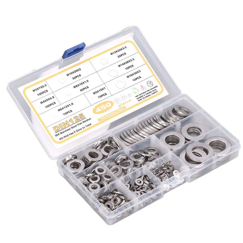 450Pcs Flat Washer Assortment Kit 304 Stainless Steel Washers M3 Through M16 in One Handy Set Rust Resistant for Automotive Electrical Marine DIY