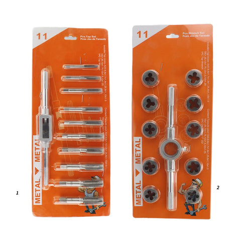The Ultimate 11 Piece Tap And Die Set For Garage Hacks And Workshop Wizardry. Crafted From High Grade Tool Steel, This Precision Threading Kit Makes Taping Easy Without Breaking Your Hands Or Budget. 11-piece tap and die set in orange packaging
