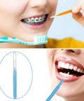 Interdental Brush And Toothpick Kit For Braces 100 Pack in bright colors shown cleaning teeth with braces.