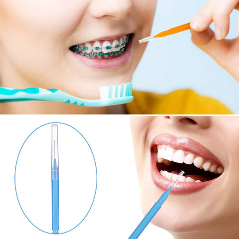 Interdental Brush And Toothpick Kit For Braces 100 Pack in bright colors shown cleaning teeth with braces.