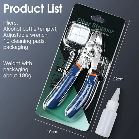 8 In 1 Fiber Optic Stripper Tool For FTTH Telecom Wires All In One Workhorse Cable Stripping Cutter For 2mm By 3mm Regular Fiber And 1.6mm By 2.1mm 5G Fiber Lightweight Durable Pliers in blister pack with alcohol bottle and cleaning pads