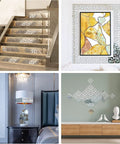 50 Piece Silver Mirror Tiles Peel And Stick For Bathroom Decor Removable 3D Acrylic Mirror Wall Decals For Living Room Frame Dope Geometric DIY Home Decor Ideas displayed on stairs, artwork frame, lamp, and wall decor.