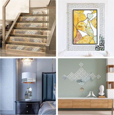 50 Piece Silver Mirror Tiles Peel And Stick For Bathroom Decor Removable 3D Acrylic Mirror Wall Decals For Living Room Frame Dope Geometric DIY Home Decor Ideas displayed on stairs, artwork frame, lamp, and wall decor.