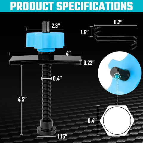 Heavy Duty Caliper Piston Compressor Tool With Brake Pad Spreader And Two Caliper Hangers For Most Cars And Light Trucks Built Tough In High Carbon Steel, dimensions and specifications displayed.