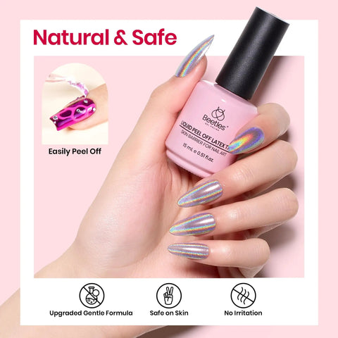 Colored Liquid Latex For Nails Peel Off Barrier 15ml bottle with painted nails and application detail.