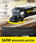 Random Orbital Sander With 360W Brushless Motor 150mm Backing Plate 6 Variable Speeds Up To 10000 RPM on wooden surface
