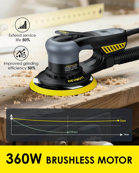 Random Orbital Sander With 360W Brushless Motor 150mm Backing Plate 6 Variable Speeds Up To 10000 RPM on wooden surface