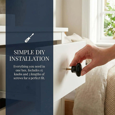 Hand installing 30 Pack Dope Black Ceramic Cabinet Knobs 1.5 Inch (38mm) Round Single Hole Door Knobs With 30 Screws Vintage Drawer Pulls