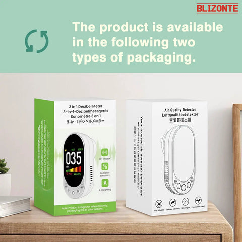 Plug-In Wall Decibel Meter With 3-In-1 Noise Temp And Humidity Detector For Home, Classroom, Library Or Rental, Real-Time Sound Level Readout With Fast Or Slow Refresh, Max/Min Data Hold, 30-130 dBA. product boxes