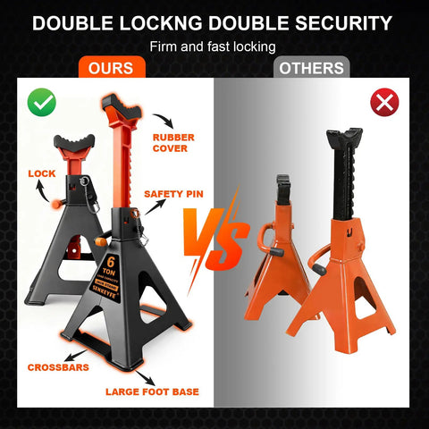 Comparison of Heavy Duty 6 Ton Jack Stands With Crossbars For Cars And Trucks featuring double pin locking mechanism and safety features.