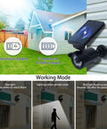 Solar Motion Sensor Flood Light With 8 LEDs And 500 Lumen Output mounted on house showing automatic charging and working modes