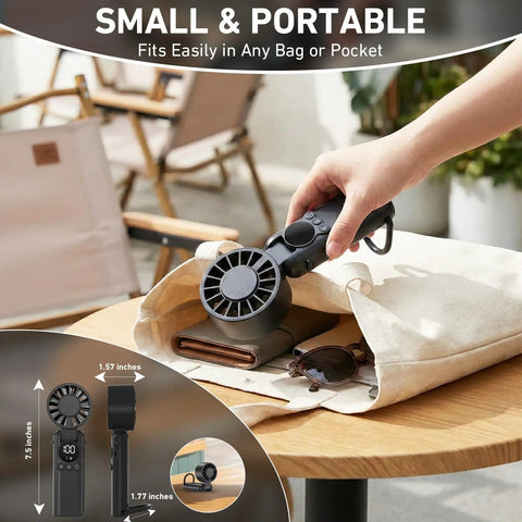 Portable Handheld USB Fan With 5000mAh Rechargeable Battery LED Display Foldable Design shown fitting into a tote bag
