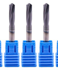Five solid carbide spotting drill bits set with blue holders, 3/16in shank, 2-flute, AlTiN-coated, front view