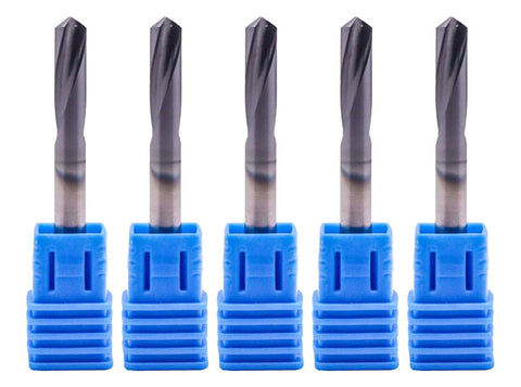 Five solid carbide spotting drill bits set with blue holders, 3/16in shank, 2-flute, AlTiN-coated, front view