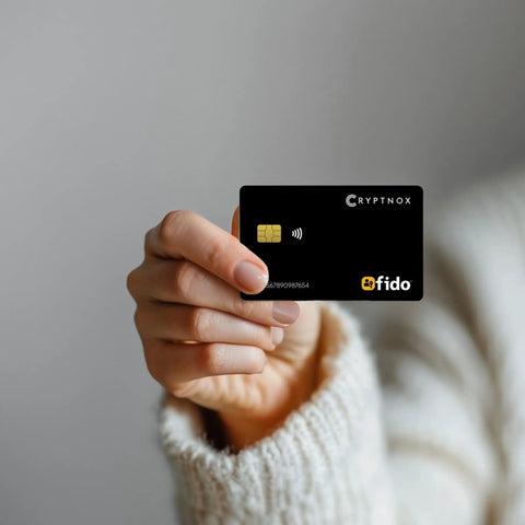 Fido2 Certified Multi Factor Auth Token Nfc Smart Card held in hand, showcasing secure login features and sleek design.