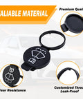 Easy Drop In Windshield Washer Fluid Cap Replacement For Chevy, Cadillac, GMC, Buick, black cap shown with close-up details